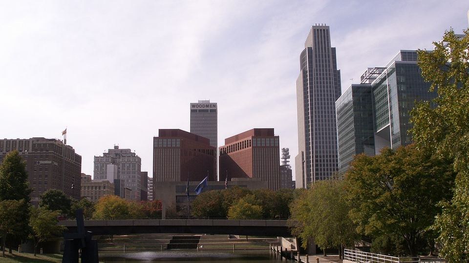 Downtown Omaha skyline reflected near Gene Leahy Mall